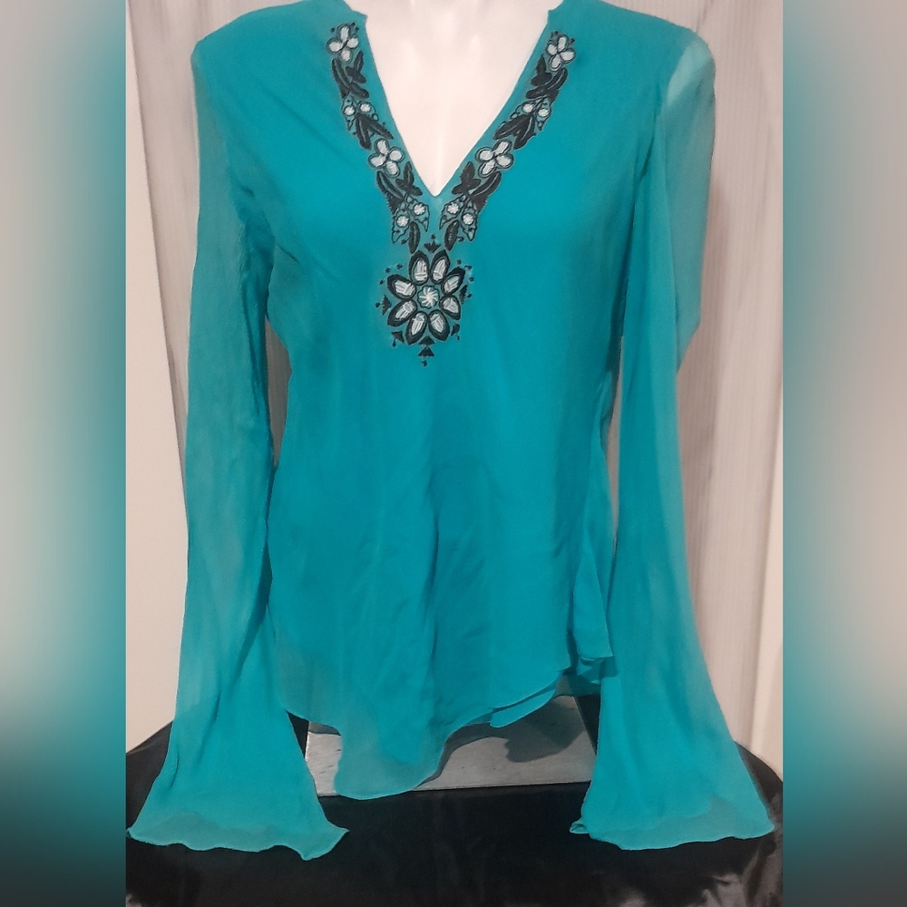 Carole Little  - Vintage 90's Silk Embroidered Long Sleeved Tunic Top, Size Med